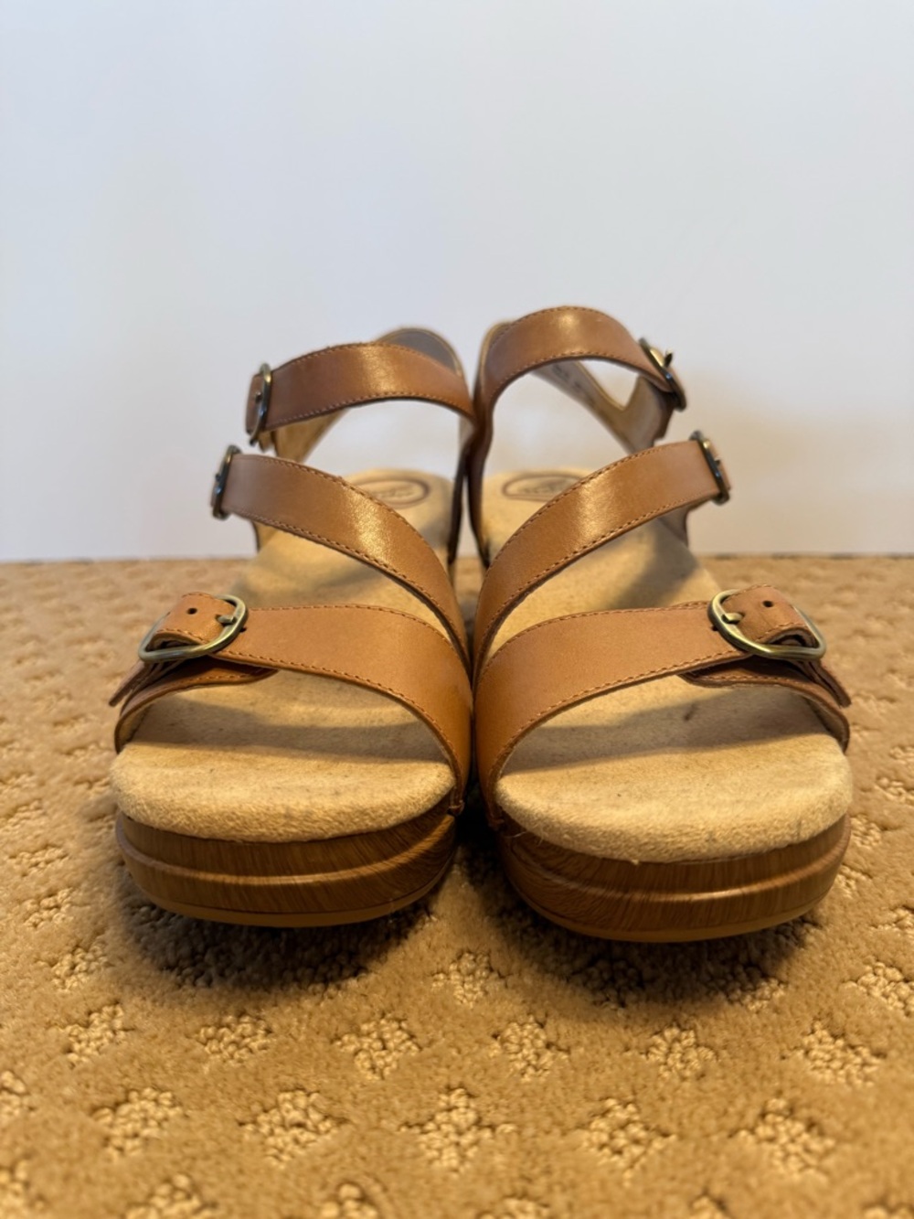 Dansko Tan Brown Leather Wedge Sandals - Picture 3 of 8